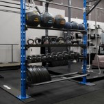 6' Shelves from Top to Bottom: Med Ball Shelf, Kettlebell Shelf, Dumbbell Shelf, Plate Shelf