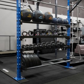 6' Shelves from Top to Bottom: Med Ball Shelf, Kettlebell Shelf, Dumbbell Shelf, Plate Shelf